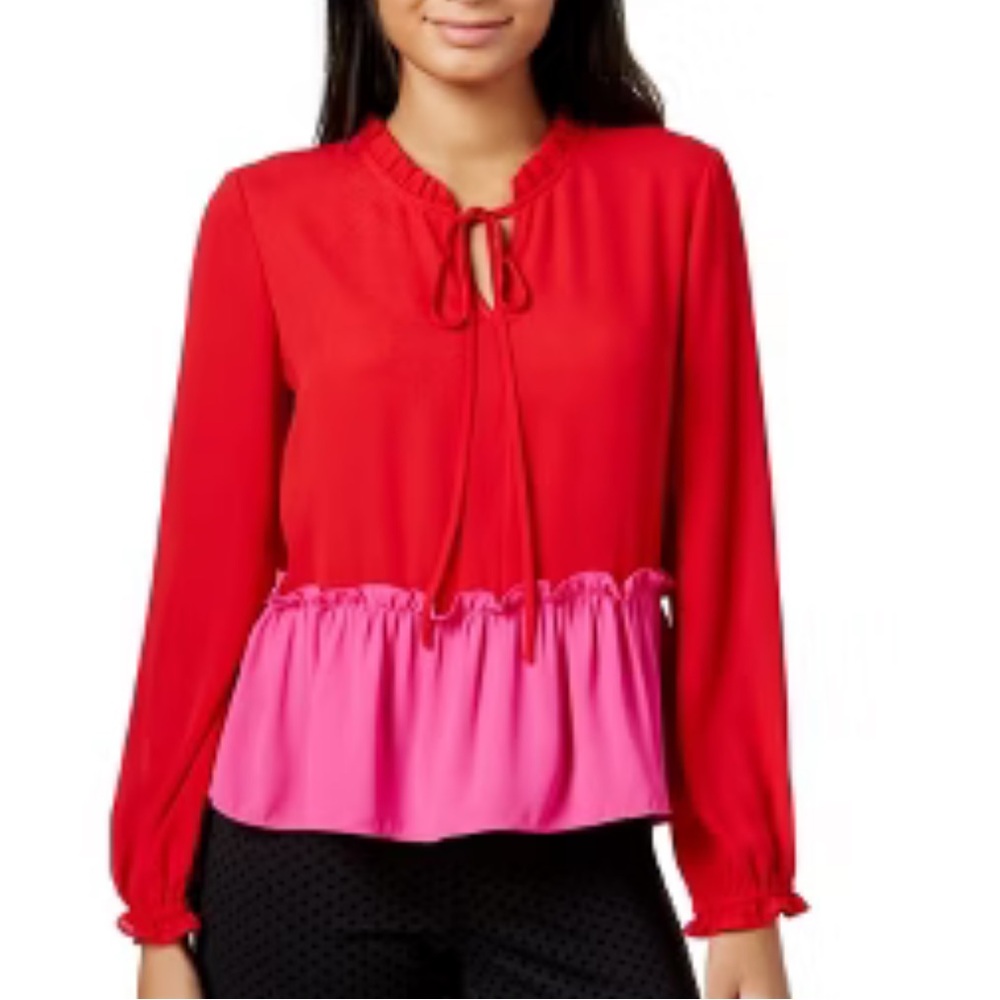 Maison Jules Red and Pink Ruffle Color block Blouse size large